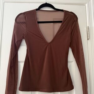 Klassy Network Brown Long Sleeve Mesh Top